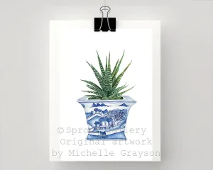 Blue and white chinoiserie square planter with succulent cactus