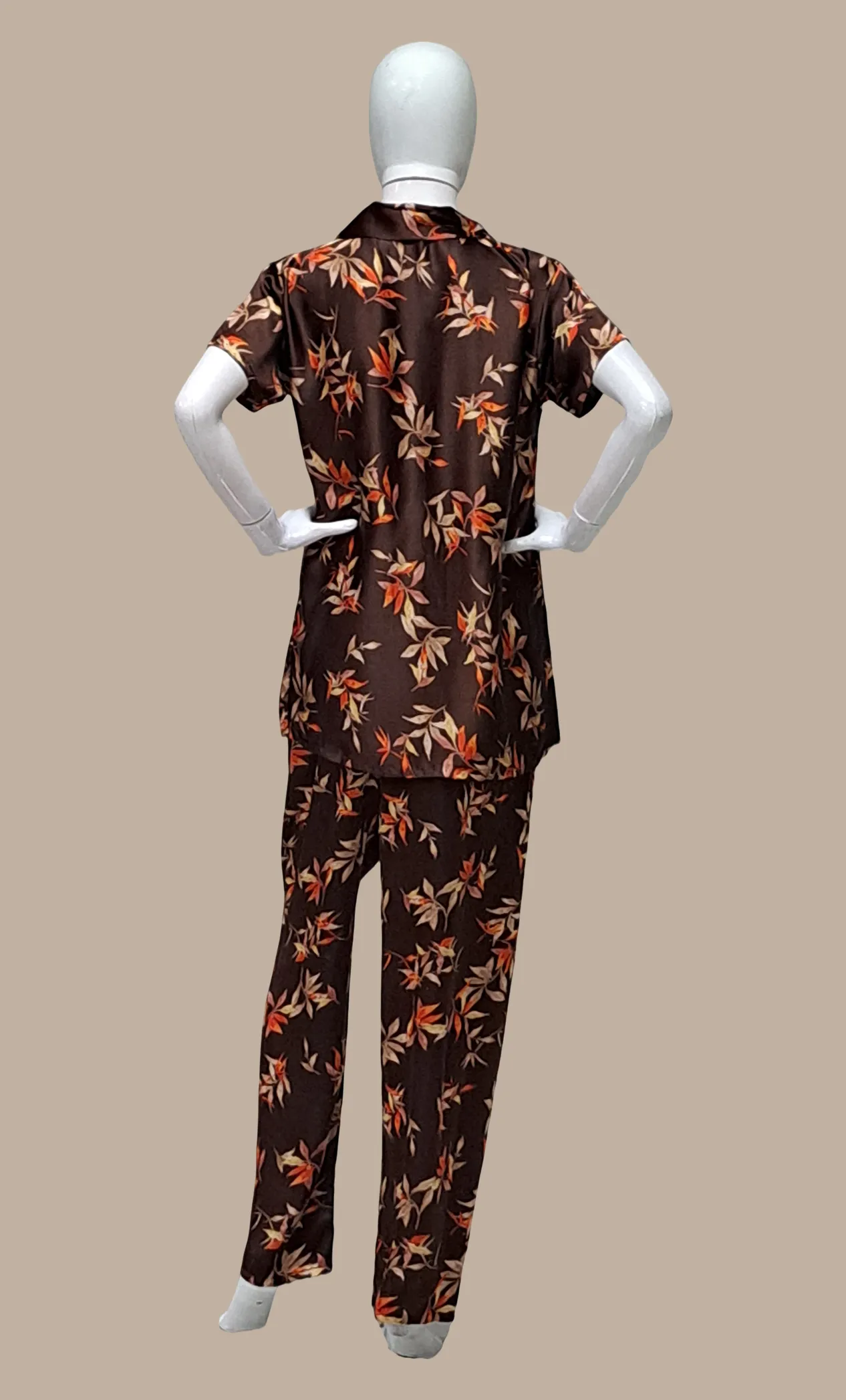 Chocolate Printed Satin Leisure Set