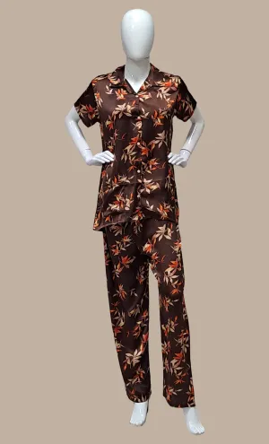 Chocolate Printed Satin Leisure Set