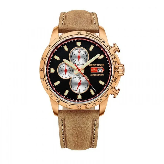 Reef Tiger/RT Sport Watch for Men Chronograph Quartz Watch With Italian Calfskin Leather And Super Luminous Watch RGA3029