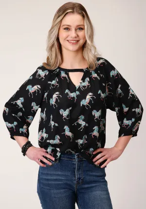 Roper Womens Black Rayon/Nylon Wild Horses 3/4 Sleeve Blouse