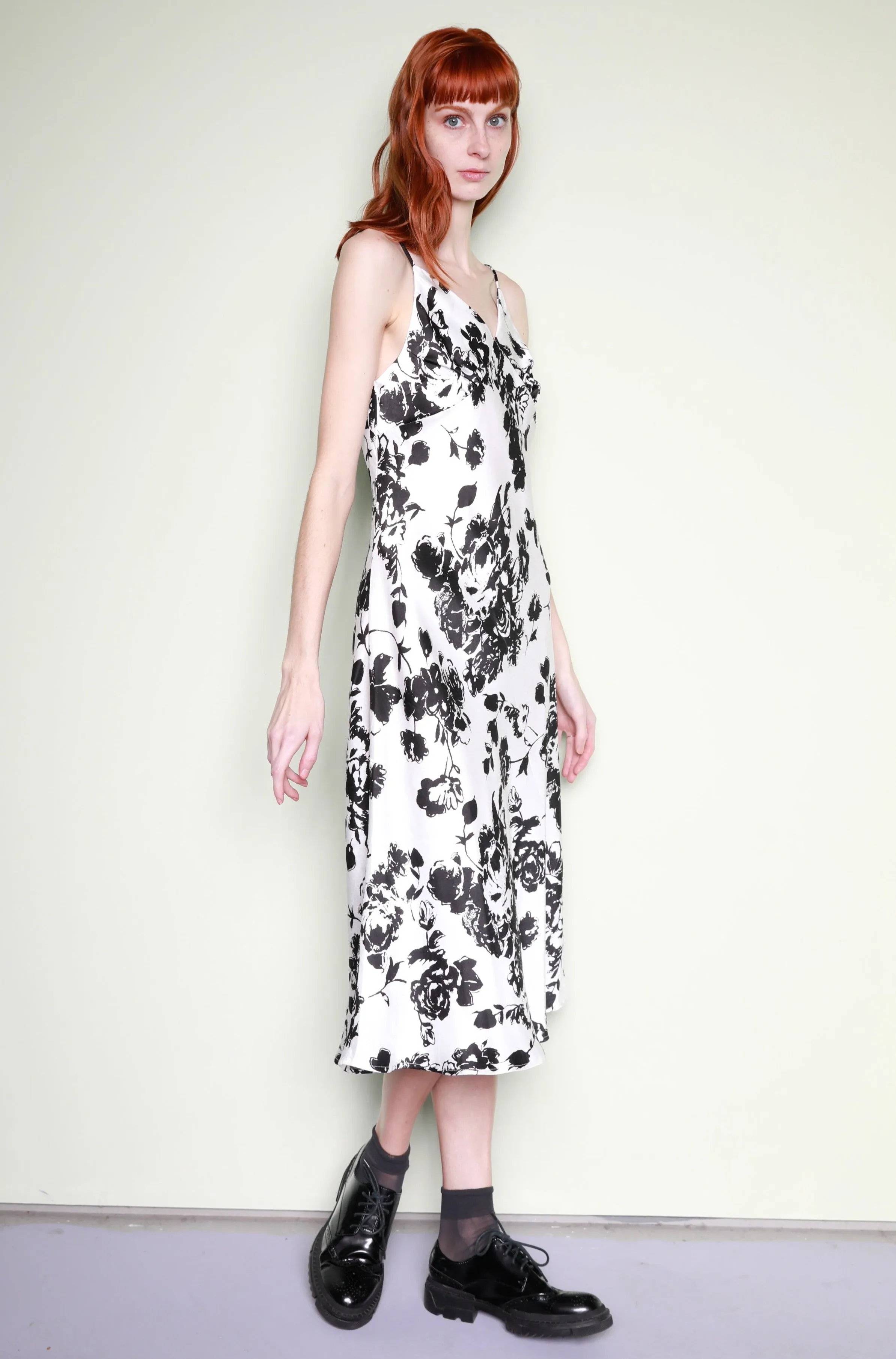 Silk Printed Black White Floral Slip Dress