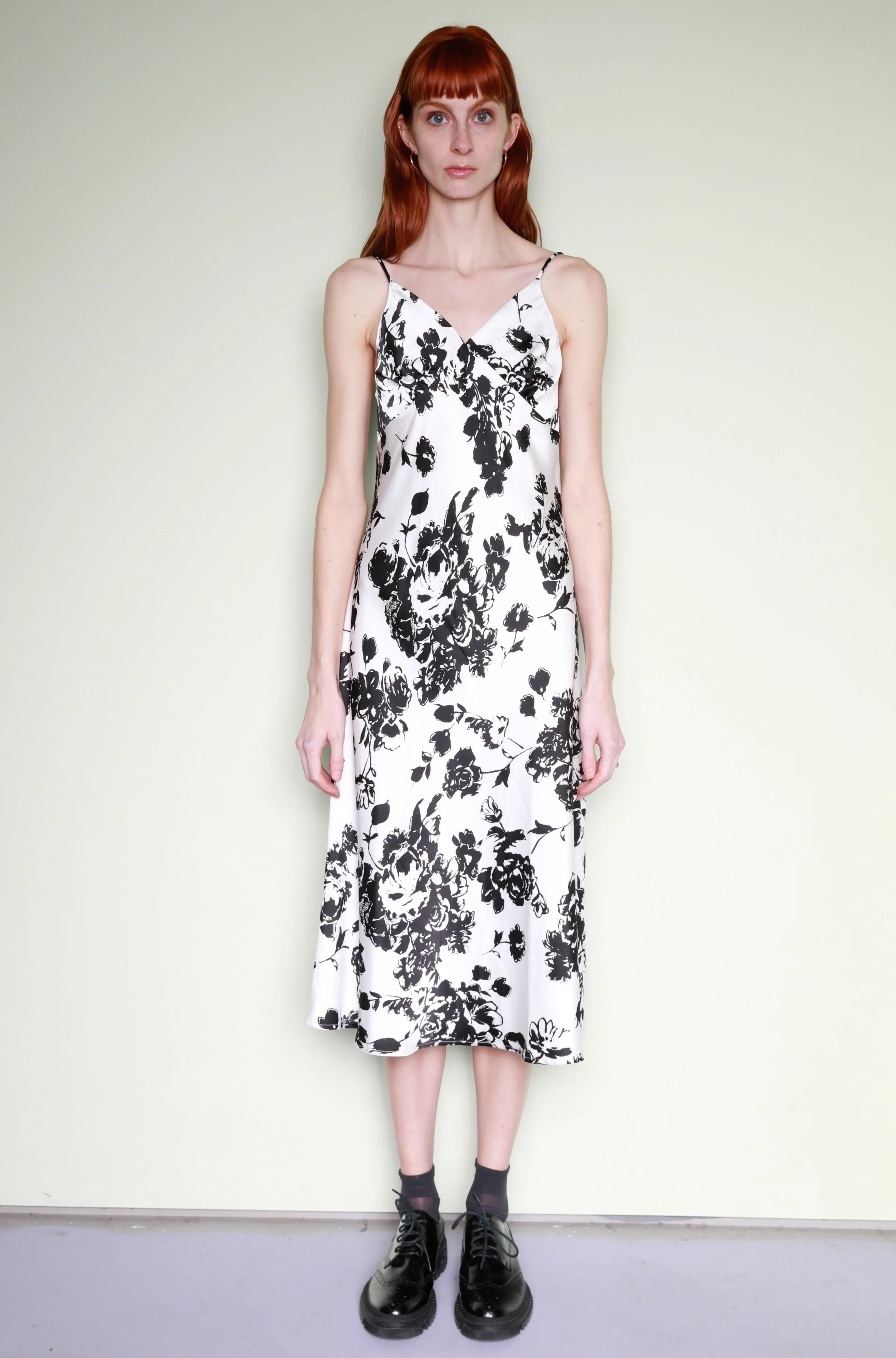 Silk Printed Black White Floral Slip Dress