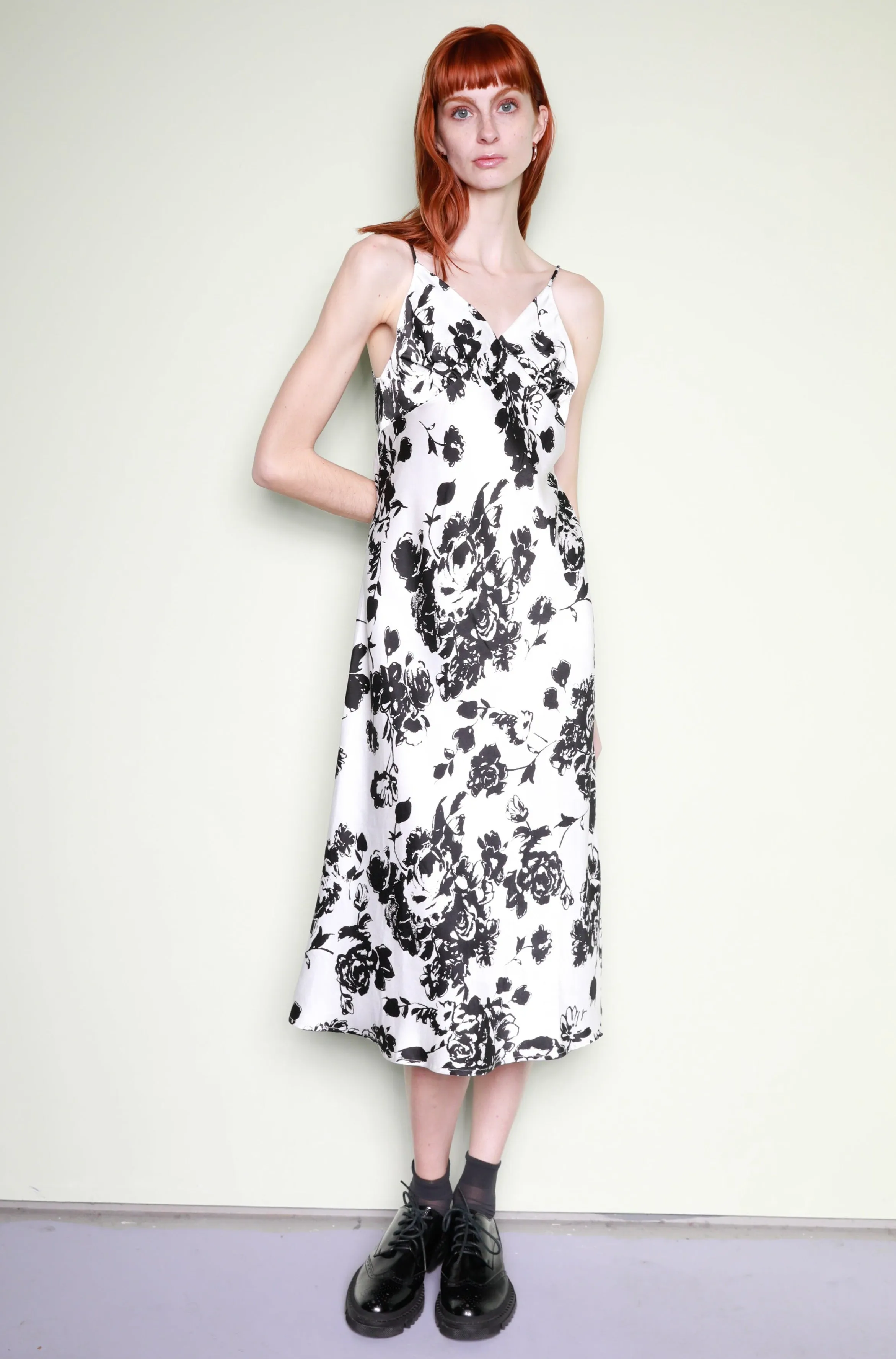 Silk Printed Black White Floral Slip Dress