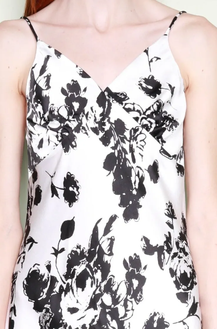 Silk Printed Black White Floral Slip Dress