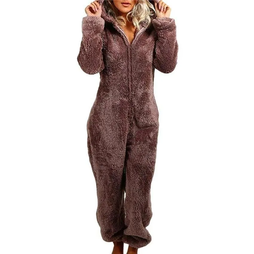 Sleepwear Autumn Winter Fleece Jumpsuit Women Loose Fluffy Fur  Ladies Warm Zip Up Romper Playsuits Loungewear Pajama