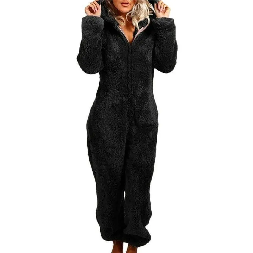 Sleepwear Autumn Winter Fleece Jumpsuit Women Loose Fluffy Fur  Ladies Warm Zip Up Romper Playsuits Loungewear Pajama