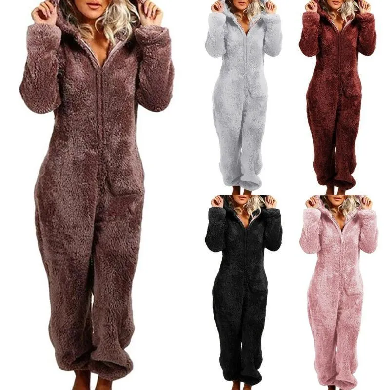 Sleepwear Autumn Winter Fleece Jumpsuit Women Loose Fluffy Fur  Ladies Warm Zip Up Romper Playsuits Loungewear Pajama