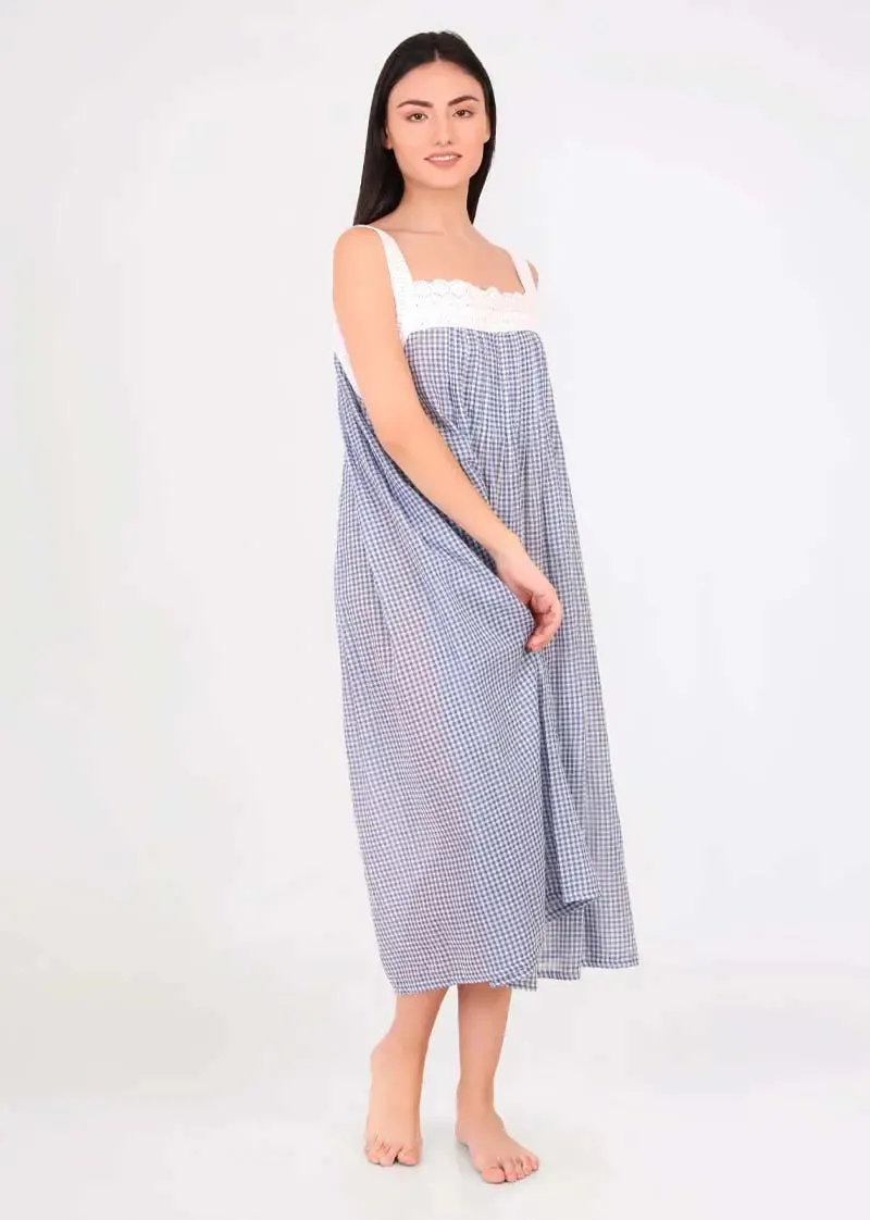 Tucked Gingham Hand Loomed Sleeveless Nightie Navy