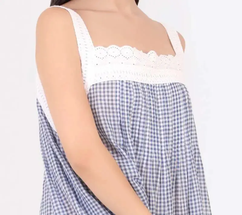 Tucked Gingham Hand Loomed Sleeveless Nightie Navy