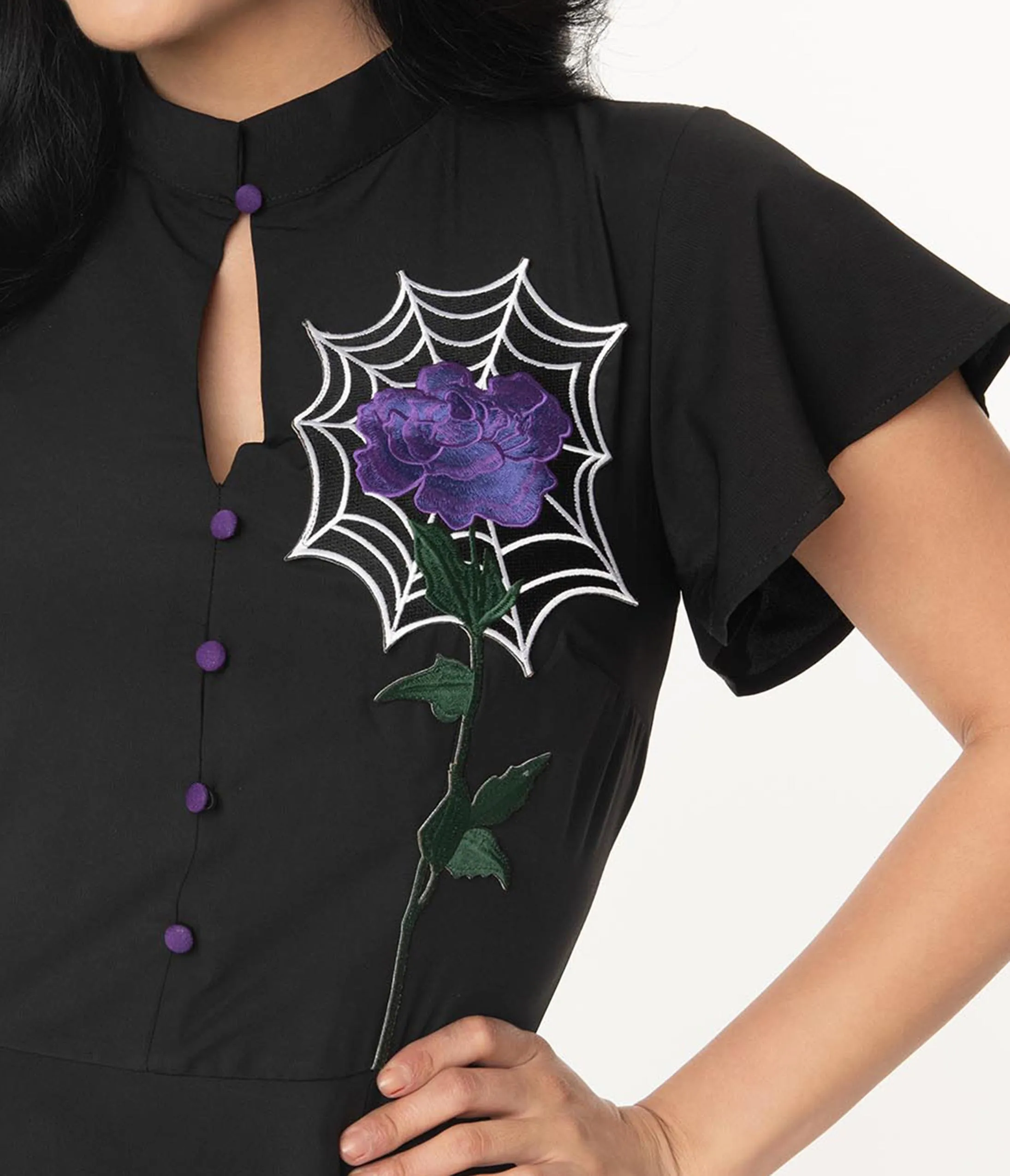 Unique Vintage Black Spiderweb & Purple Rose Baltimore Swing Dress