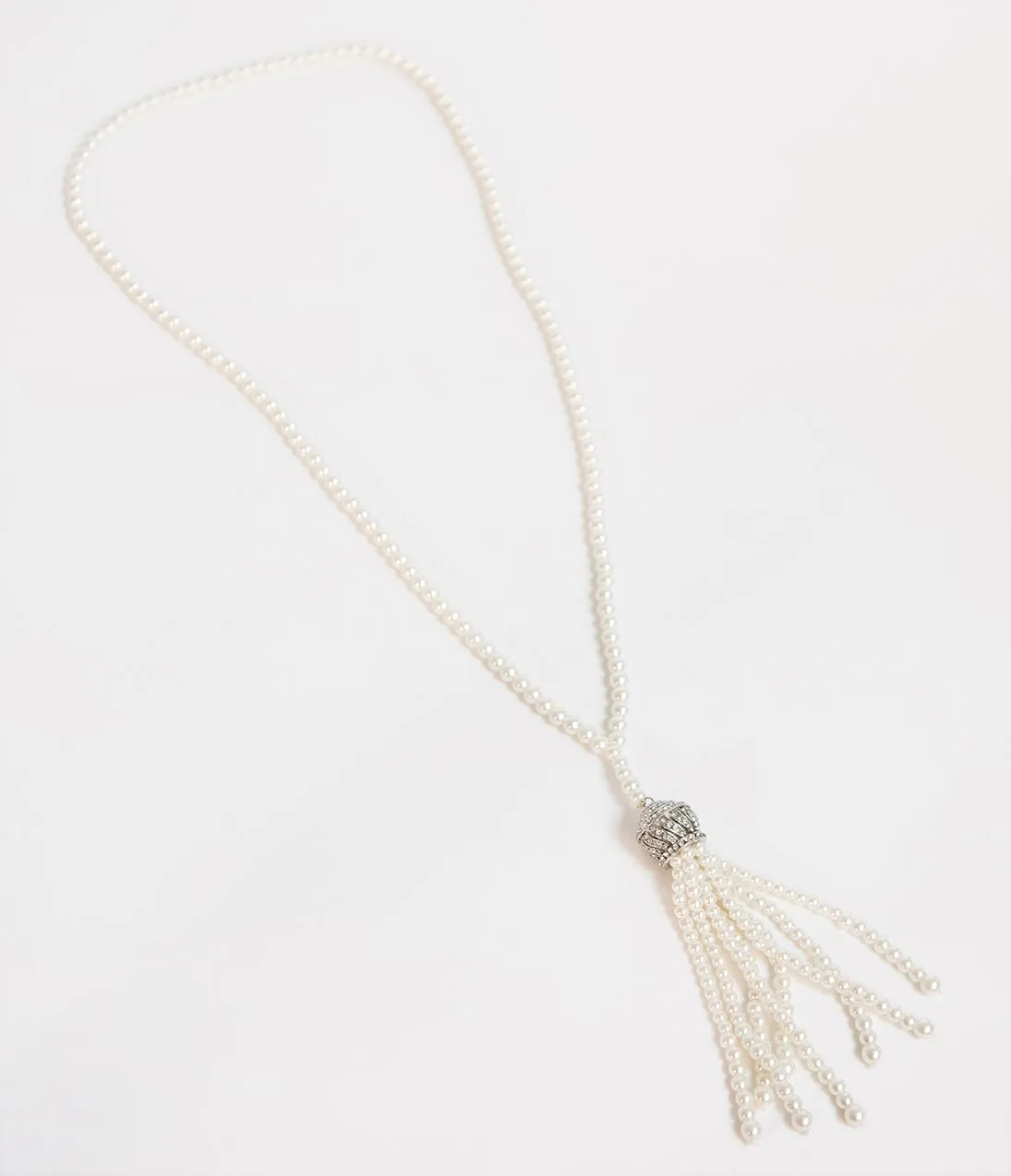 Unique Vintage Deco Style Ivory Pearl & Silver Tassel Necklace