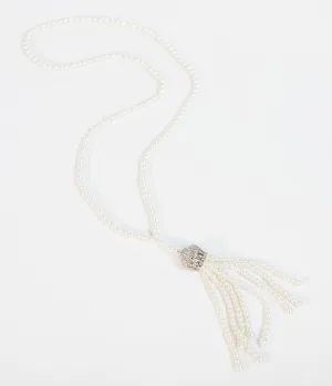 Unique Vintage Deco Style Ivory Pearl & Silver Tassel Necklace