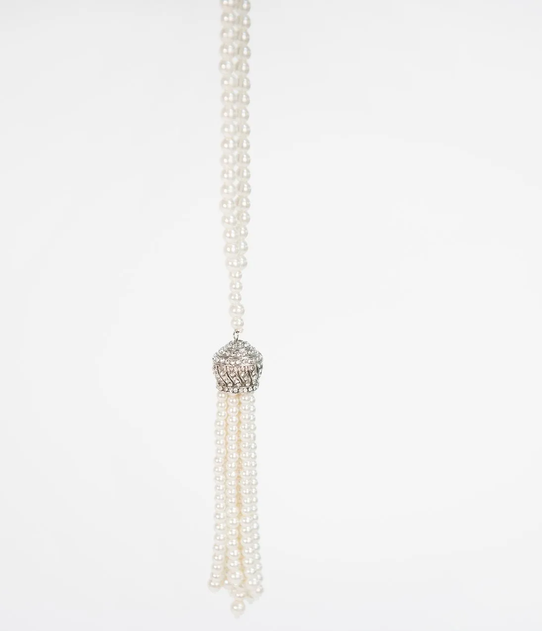 Unique Vintage Deco Style Ivory Pearl & Silver Tassel Necklace