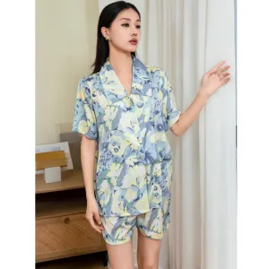 Women's Imitation Silk Pajamas Summer Gradient Flower Printing Short Sleeved Shorts Home Suit Comfortable Loose Homewear