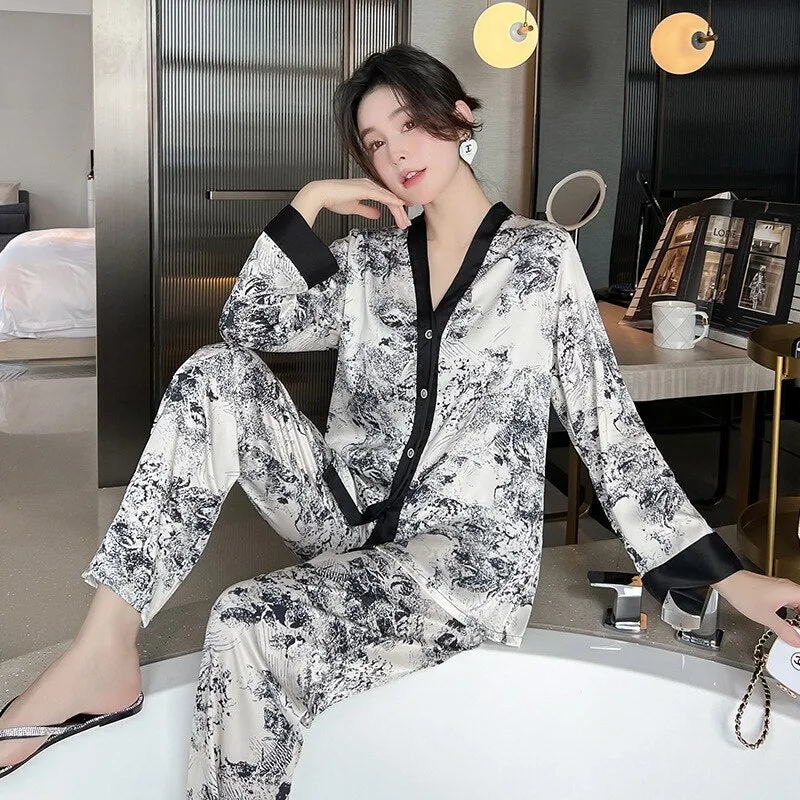 Women's Pajamas Set Luxury Style Painting Print Sleepwear Satin Silky Touch Homewear V Neck Nightie Casual Home Suit